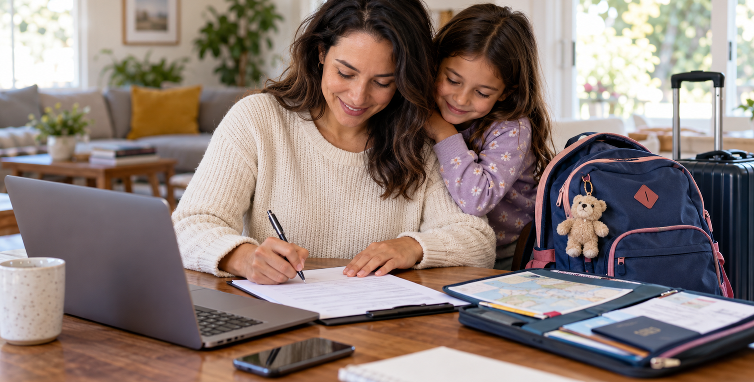Parent preparing a consent form on a laptop at home